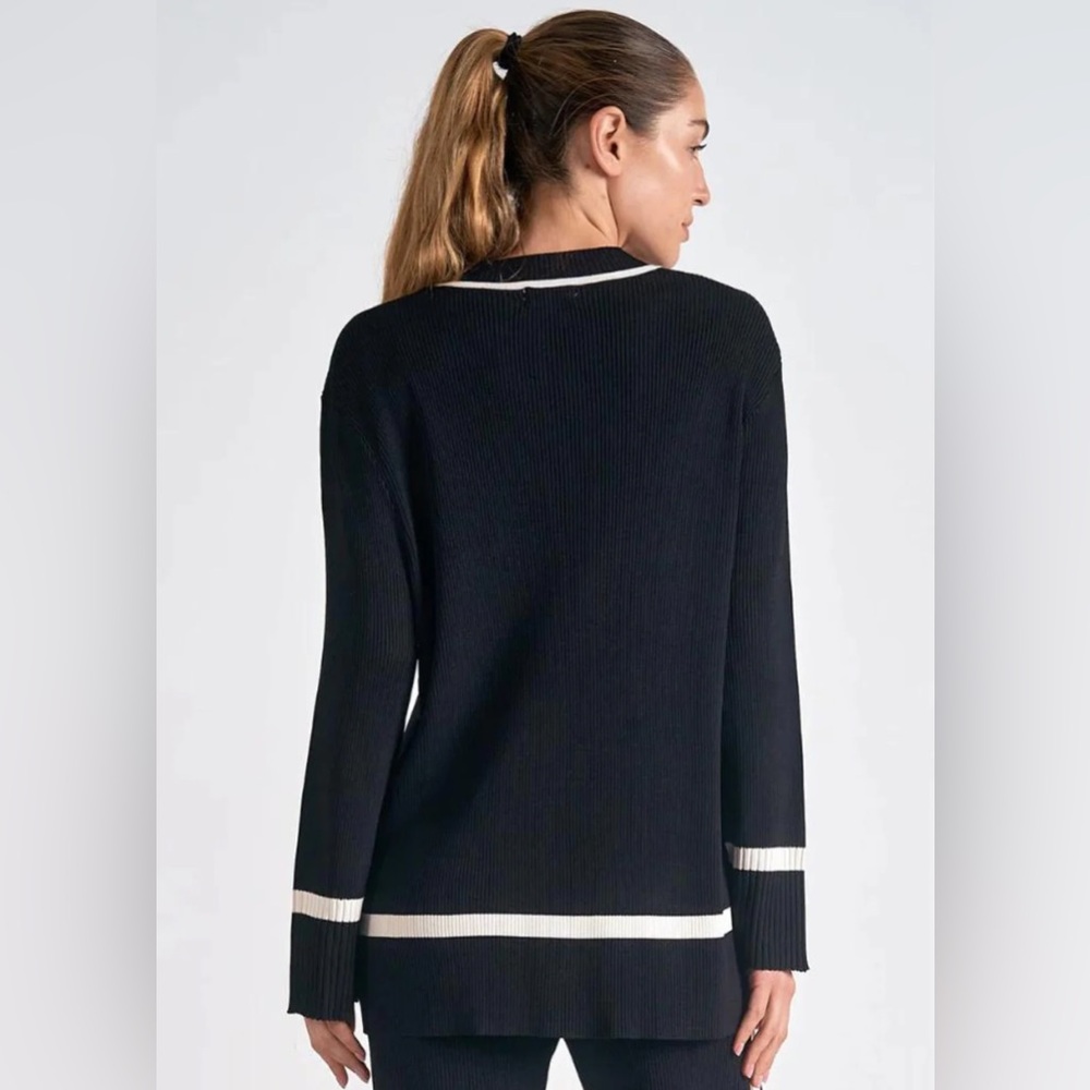 Elan | Wyonna Classic V-Neck Sweater in Black White Size M Medium - Picture 3 of 11